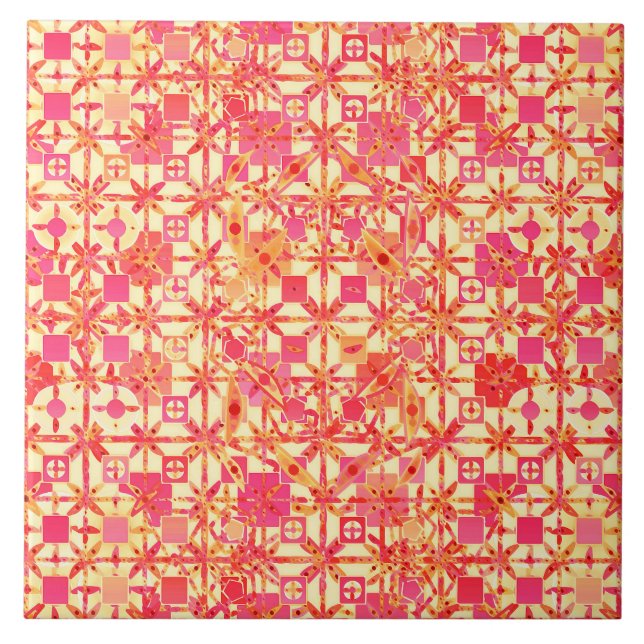 Azulejo De Cerámica Batik tribal - naranja, rosa coral y fucsia (Frente)