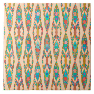 Azulejo De Cerámica Batik Tribal - Rosa Melocotón y Turquesa