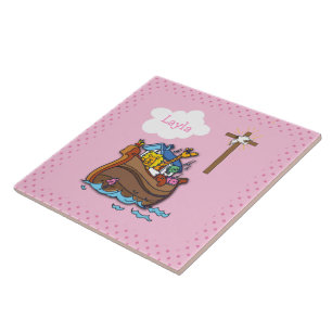Azulejo De Cerámica Bautismo del Arca de Noé personalizable, niña rosa