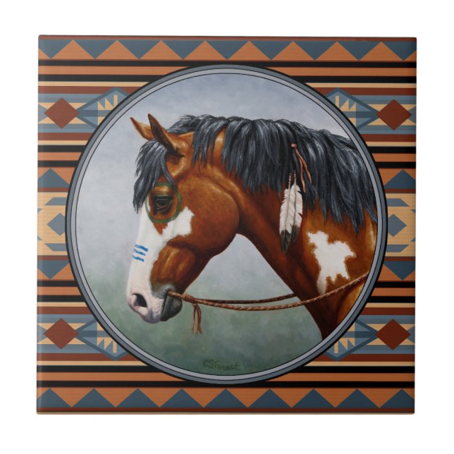 Azulejo De Cerámica Bay Pinto War Horse Southwestern Design (Frente)
