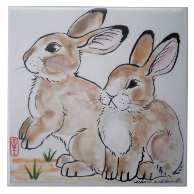 Azulejo De Cerámica Bebé Cottontail Bunny Rabbit Oriental Style Tile (Frente)