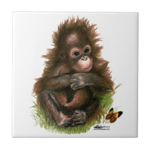 Azulejo De Cerámica Bebé orangután y mariposa