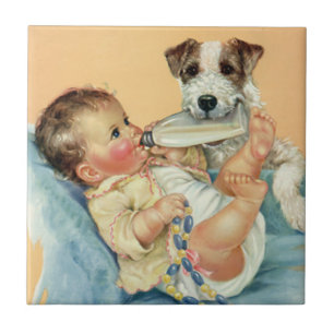 Azulejo De Cerámica Bebé varón vintage con biberón y cachorro