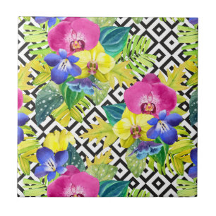 Azulejo De Cerámica Begonia y hojas de palma de la orquídea