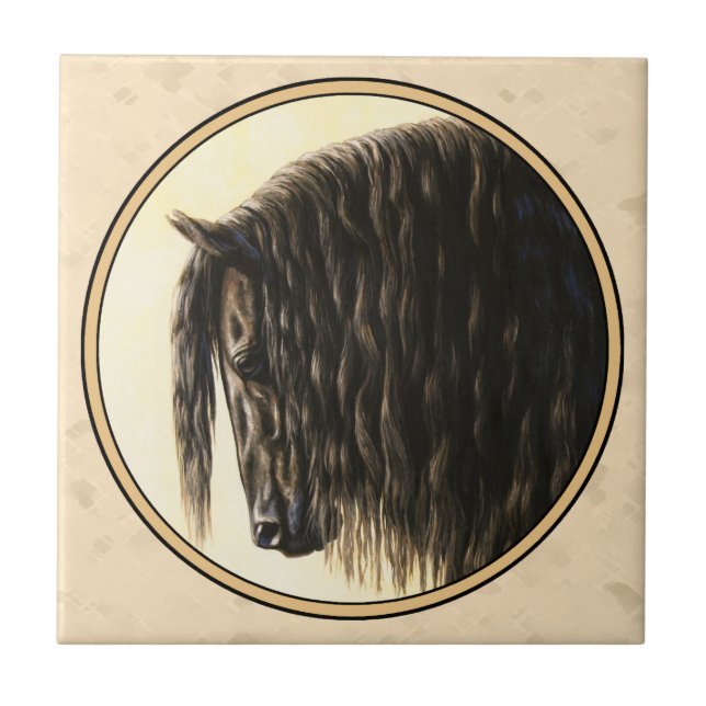 Azulejo De Cerámica Beige de caballo frisón negro (Frente)