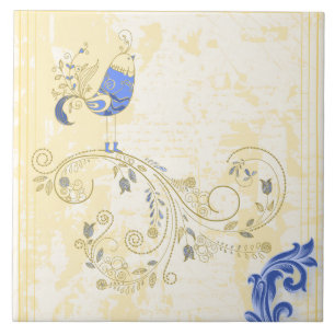 Azulejo De Cerámica Bello Artes floral retro del pájaro azul