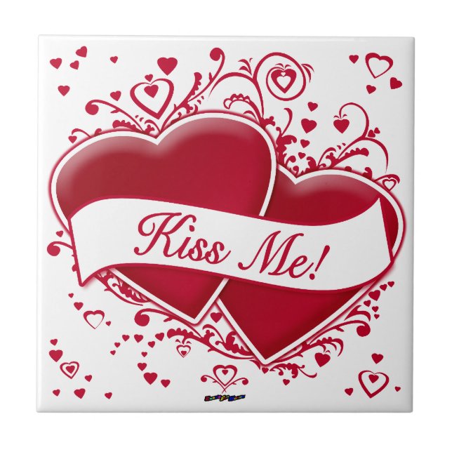Azulejo De Cerámica ¡Bésame! Corazones rojos (Frente)