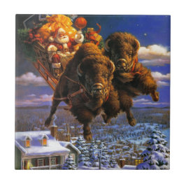 Azulejo De Cerámica Bison Pulling Santa Claus