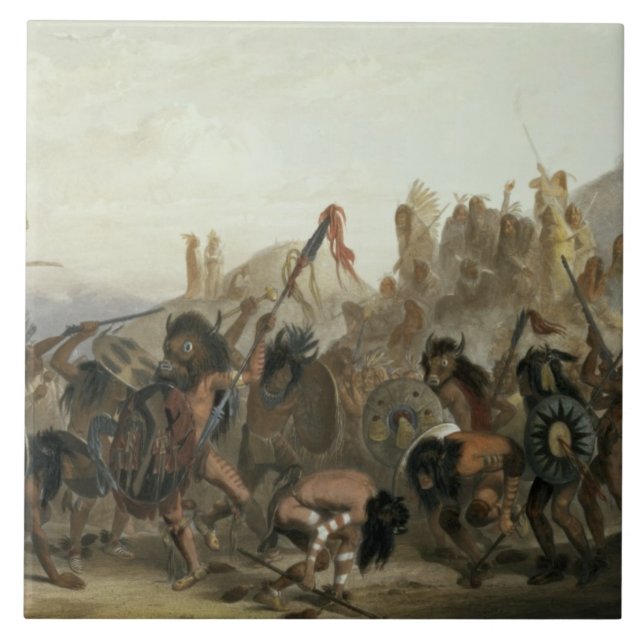 Azulejo De Cerámica Bisonte-Danza de los indios de Mandan delante del (Frente)
