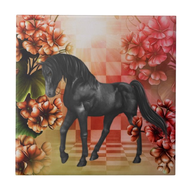 Azulejo De Cerámica Black Horse Fantasy Flores Animal (Frente)