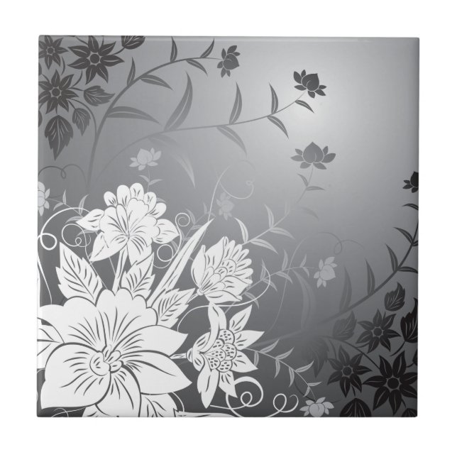 Azulejo De Cerámica blanco y negro floral (Frente)