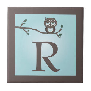 Azulejo De Cerámica Blue Cute Owl Monograma Trivet Tile