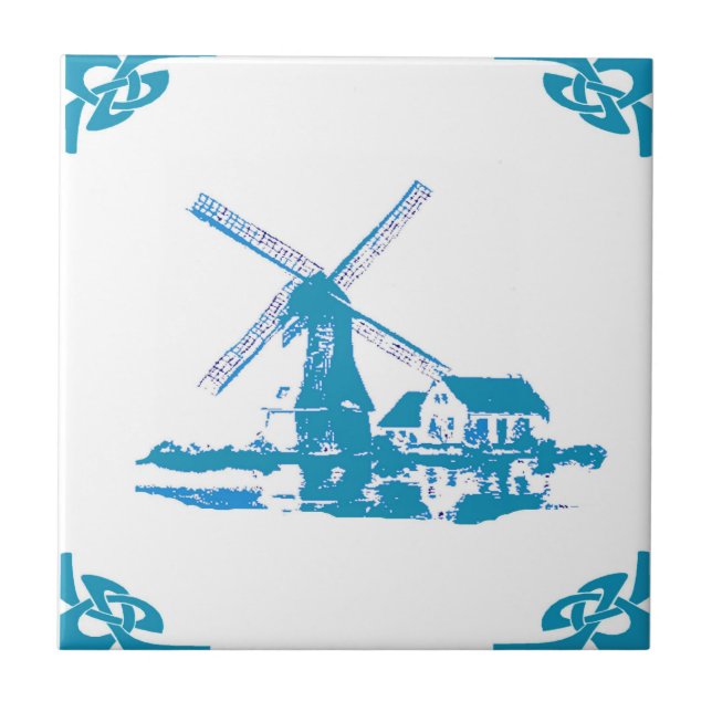 Azulejo De Cerámica Blue Dutch Windmill Delft Look (Frente)