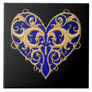 Azulejo De Cerámica Blue Filigree Heart Tile