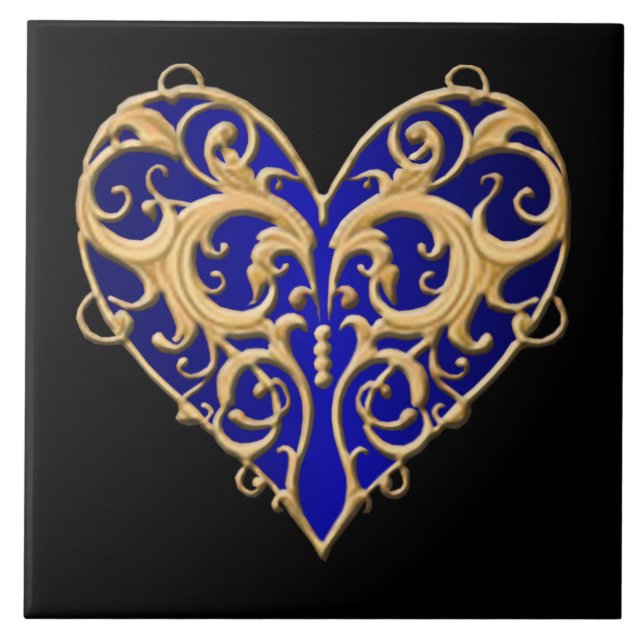 Azulejo De Cerámica Blue Filigree Heart Tile (Frente)