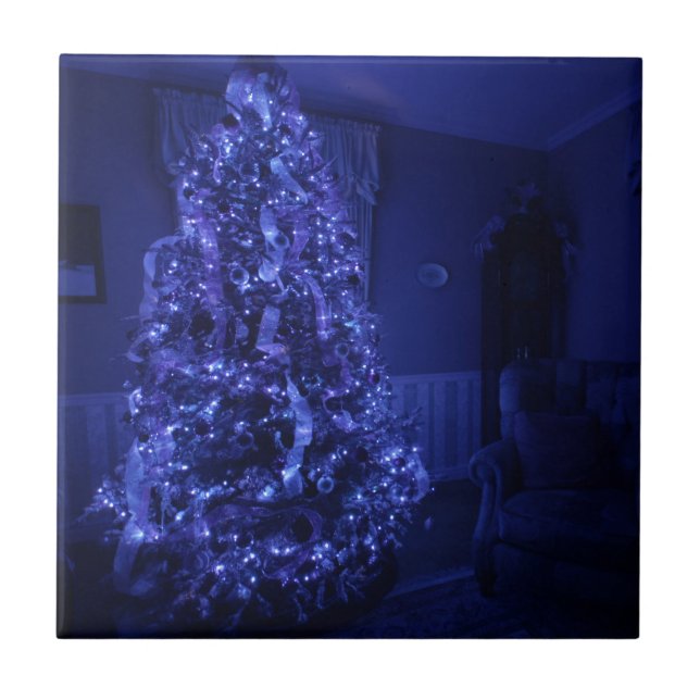 Azulejo De Cerámica Blue Merry Christmas Tree Lights (Frente)