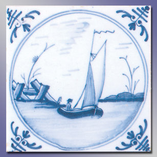 Azulejo De Cerámica Blue White Sailboat Vintage Delft Art Tile