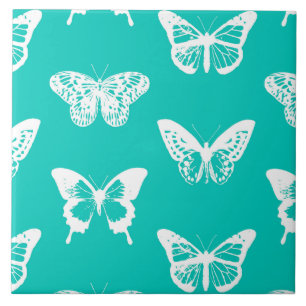 Azulejo De Cerámica Boceto de mariposa, turquesa y blanco