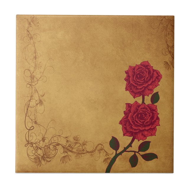 Azulejo De Cerámica Boda Rosa Roja Vintage (Frente)