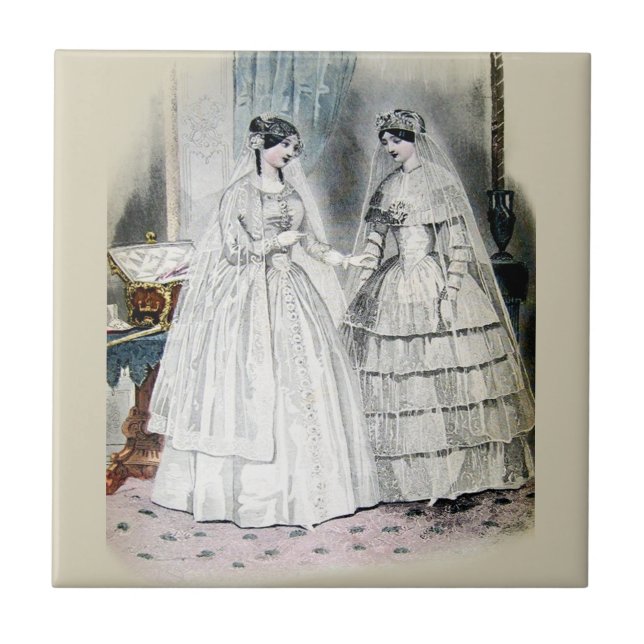 Azulejo De Cerámica Boda victoriana vestida con dos mujeres (Frente)