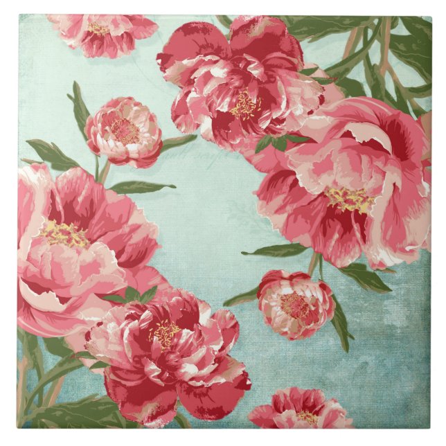 Azulejo De Cerámica Bonito Flor Retro Chintz Peonies Personalizados (Frente)