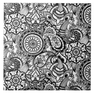 Azulejo De Cerámica Bonito floral de paisley negro y blanco