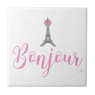 Azulejo De Cerámica Bonjour-Eiffel Tower Bow Único