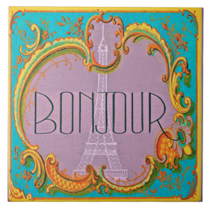 Azulejo De Cerámica Bonjour Paris Vintage French Eiffel Tower Mauve