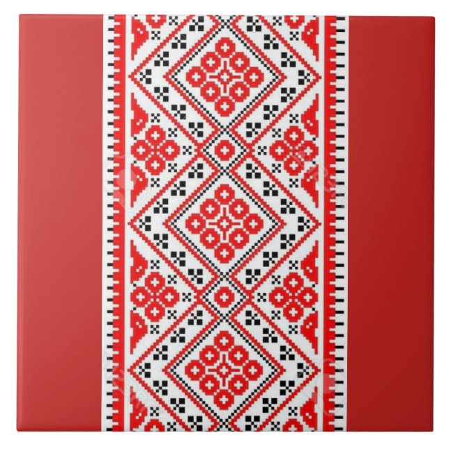 Azulejo De Cerámica Bordado del rojo de Vyshyvanka del ucraniano (Frente)
