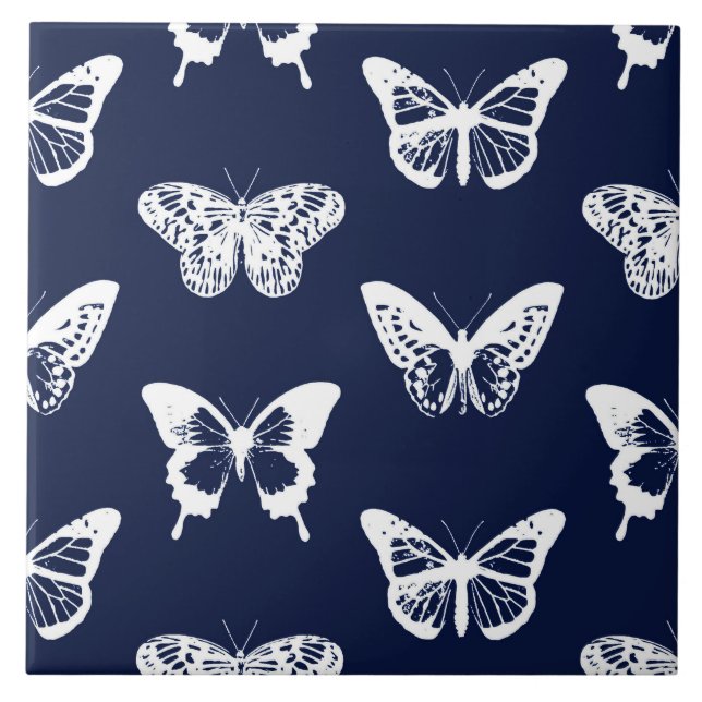 Azulejo De Cerámica Bosquejo, azules marinos y blanco de la mariposa (Frente)