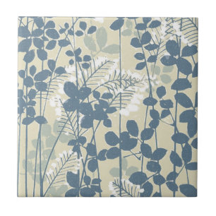 Azulejo De Cerámica Botánico Japonés Azul Vintage: Helecho de Hoja Cre