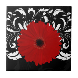 Azulejo De Cerámica Brillante Gerbera Daisy en negro