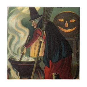 Azulejo De Cerámica Bruja de Halloween Vintage Revolviendo Caldero Mág