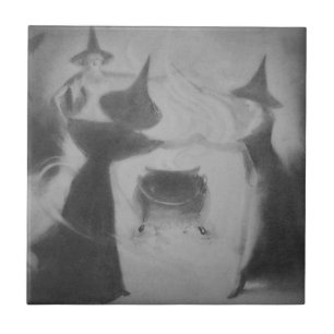 Azulejo De Cerámica Bruja Nocturna Monocroma Caldero Hechizo Magia