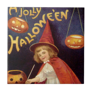 Azulejo De Cerámica Bruja Vintage Alegre de Halloween por Ellen Clapsa