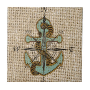 Azulejo De Cerámica brújula náutica de boho moda burlap Anuncio azul