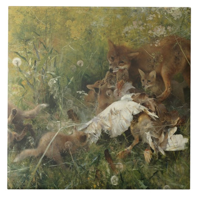 Azulejo De Cerámica Bruno Liljefors - Una familia Fox (Frente)