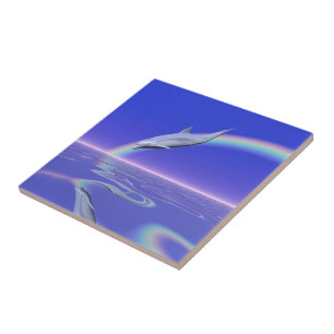 Azulejo De Cerámica Buceo con delfín con arco iris