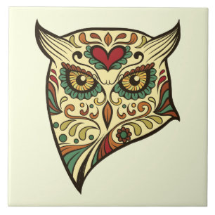 Azulejo De Cerámica Búho del cráneo del azúcar - diseño del tatuaj