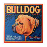 Azulejo De Cerámica Bulldog sobre un fondo azul<br><div class="desc">Impresión de una etiqueta vintage de la caja que ilustra un bulldog con un fondo con estampado azul y un borde naranja. Elija esta impresión de arte en su producto Zazzle hoy.</div>