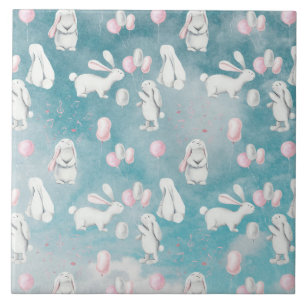 Azulejo De Cerámica Bunnies conejitos en un ilustracion animal celesti