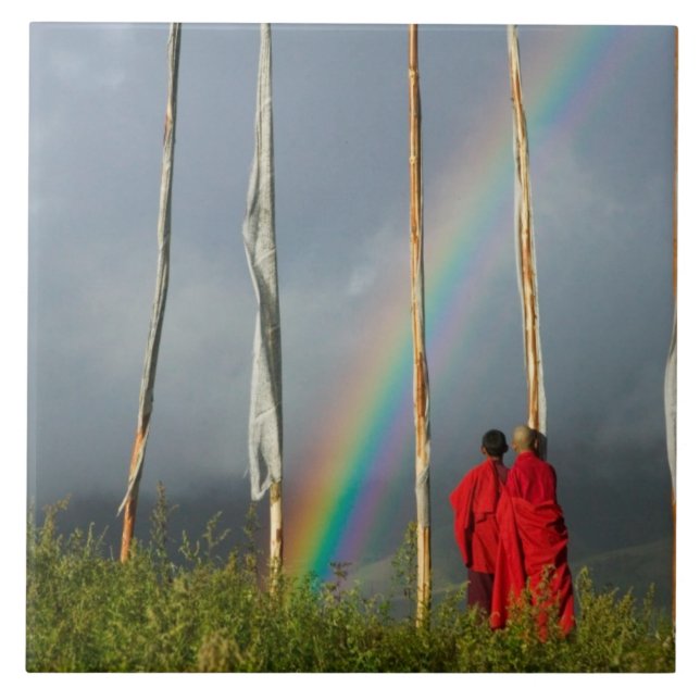 Azulejo De Cerámica Bután, pueblo de Gangtey, arcoiris sobre dos monje (Frente)