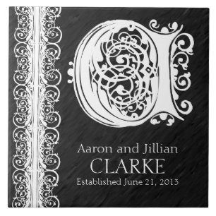 Azulejo De Cerámica C Monograma "Lazo blanco sobre negro" Boda Tile