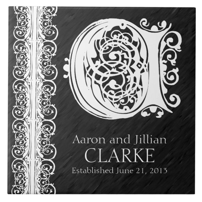 Azulejo De Cerámica C Monograma "Lazo blanco sobre negro" Boda Tile (Frente)