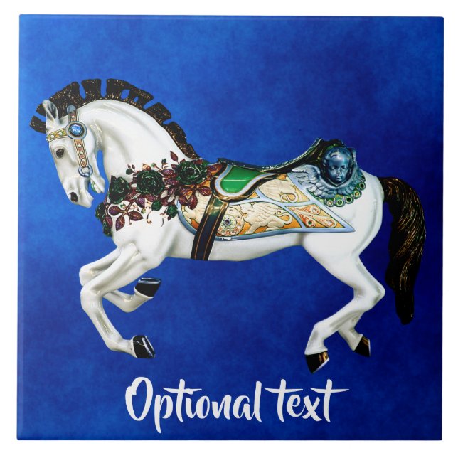 Azulejo De Cerámica Caballo blanco bonito del carrusel en azul (Frente)