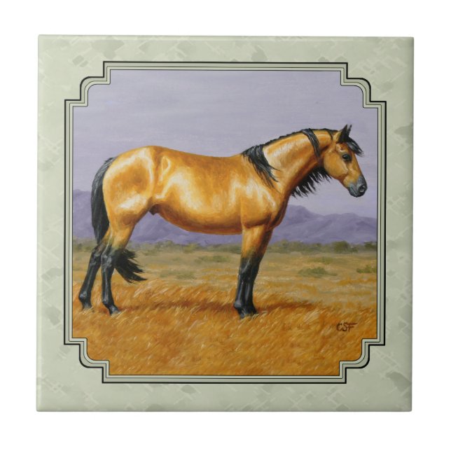 Azulejo De Cerámica Caballo Buckskin Mustang Stallion Sage Green (Frente)
