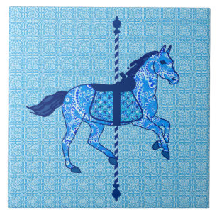 Azulejo De Cerámica Caballo de carrusel - Cobalto y azul cielo