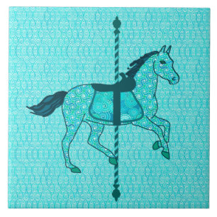 Azulejo De Cerámica Caballo de carrusel - Turquesa y Aqua