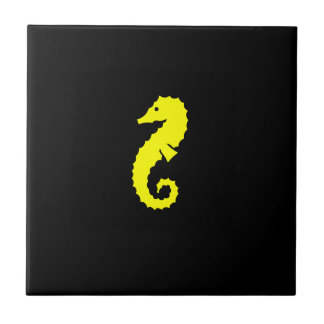 Azulejo De Cerámica Caballo de mar amarillo-sobre-negro