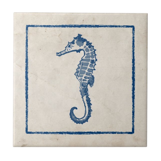 Azulejo De Cerámica Caballo de mar Vintage (Frente)